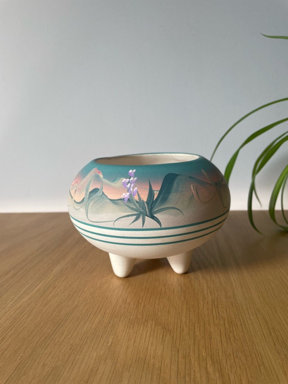 Vintage New West Pottery Hand-Painted Southwestern Footed Bowl Vase Signed 1980s